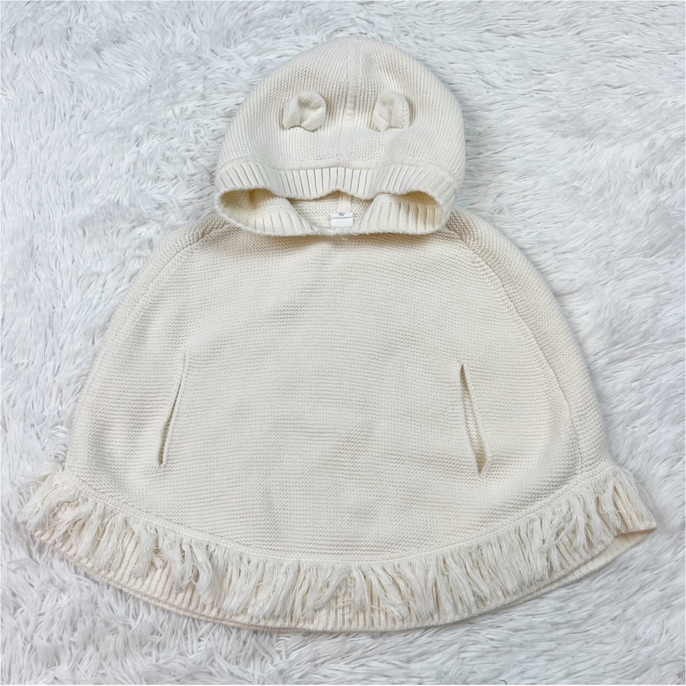 Gap girls‎ hooded sweater cape frayed hem in ivory
